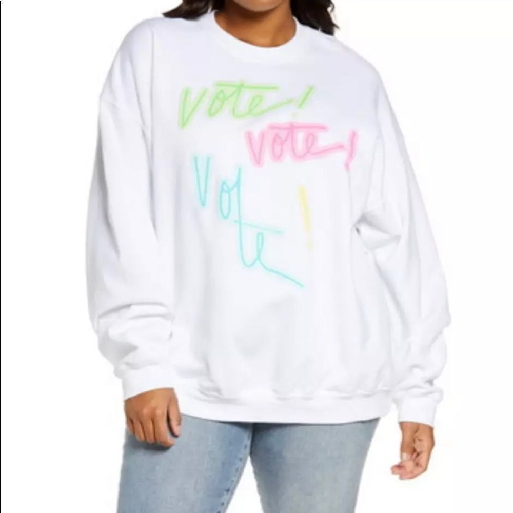 BP White Vote Crew Neck Graphic Knit Pullover Sweatshirt size L New with tags
